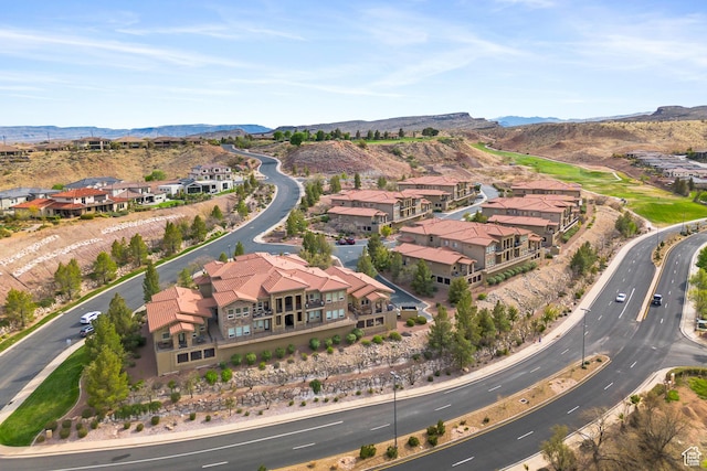 aerial view with a mountain view and a residential view