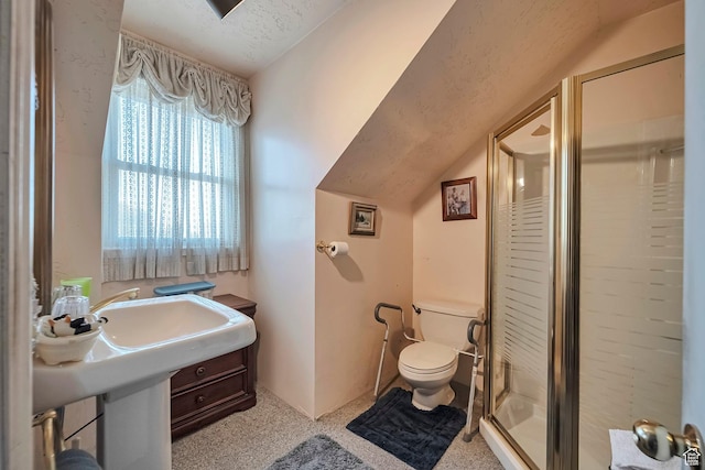 full bath with a shower stall, toilet, and lofted ceiling