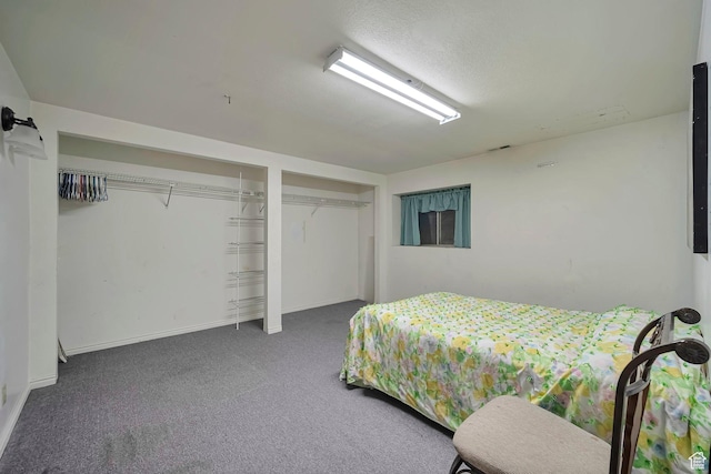 bedroom featuring carpet floors, multiple closets, and baseboards