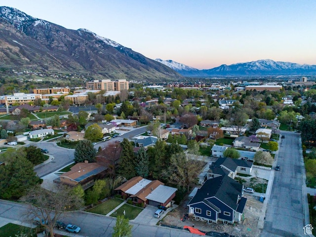 drone / aerial view featuring a mountain view