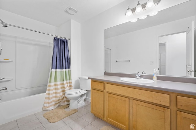 full bath featuring tile patterned floors, vanity, toilet, and shower / bath combination with curtain