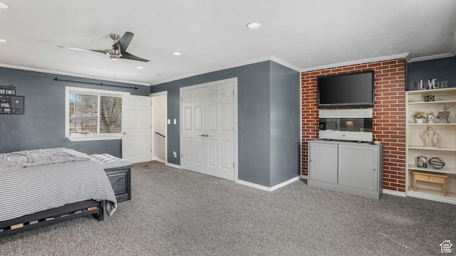 bedroom with ceiling fan, carpet floors, ornamental molding, and recessed lighting