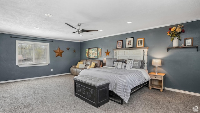 carpeted bedroom with ceiling fan, baseboards, crown molding, and recessed lighting