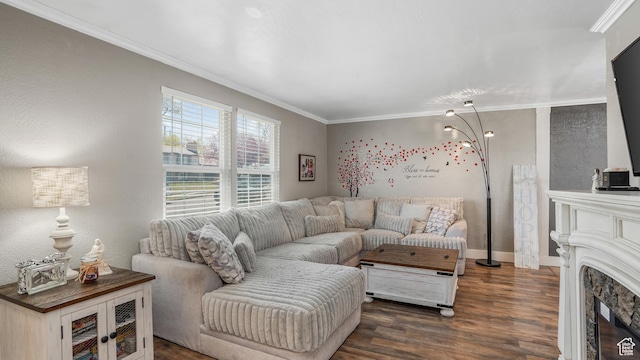 living area with baseboards, wood finished floors, a fireplace, and ornamental molding