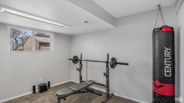 exercise area featuring carpet floors, visible vents, and baseboards