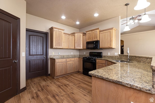 5095 N Ridgeview Cir, Enoch, UT 84721 - kitchen with light brown cabinetry, a sink, dark wood-style flooring, a ceiling fan, and black appliances