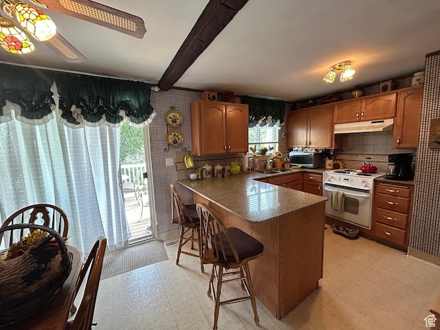 3748 W 5140 S, Taylorsville, UT 84129 - kitchen featuring a peninsula, stainless steel microwave, electric range, light floors, and under cabinet range hood