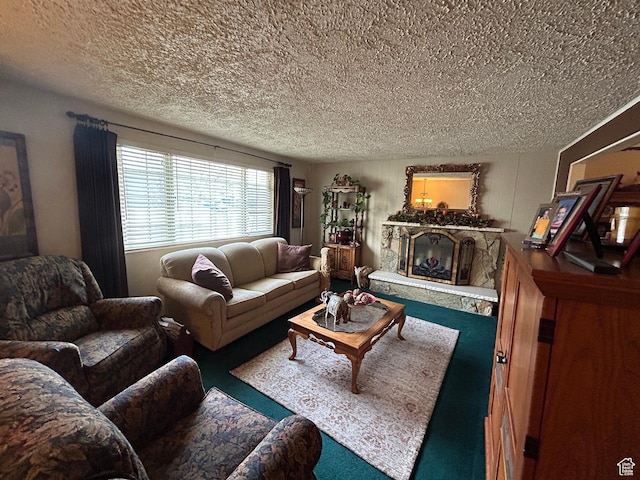 3748 W 5140 S, Taylorsville, UT 84129 - living room featuring a fireplace, carpet floors, and a textured ceiling