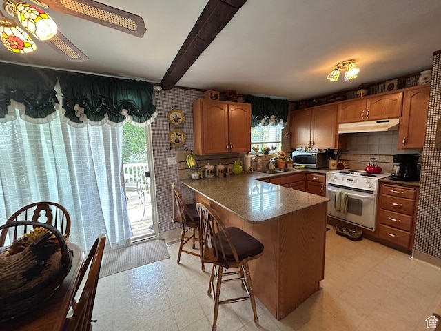3748 W 5140 S, Taylorsville, UT 84129 - kitchen featuring plenty of natural light, white electric range, under cabinet range hood, light floors, and a peninsula