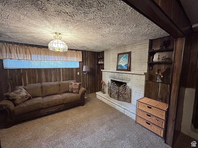 3748 W 5140 S, Taylorsville, UT 84129 - carpeted living room with wood walls, a fireplace, and a textured ceiling
