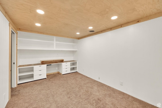unfurnished office featuring recessed lighting, baseboards, visible vents, and light colored carpet