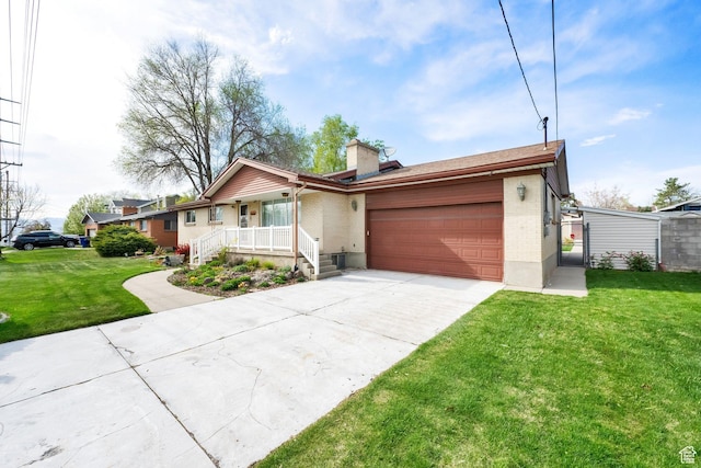 ranch-style home with a chimney, concrete driveway, a porch, brick siding, and a garage