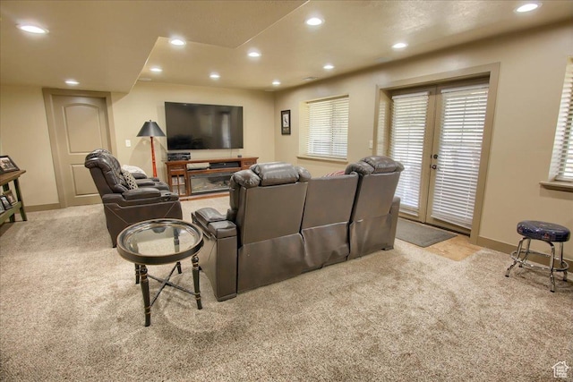 2630 E Riley Dr N, Eagle Mountain, UT 84005 - carpeted home theater with baseboards, french doors, and recessed lighting