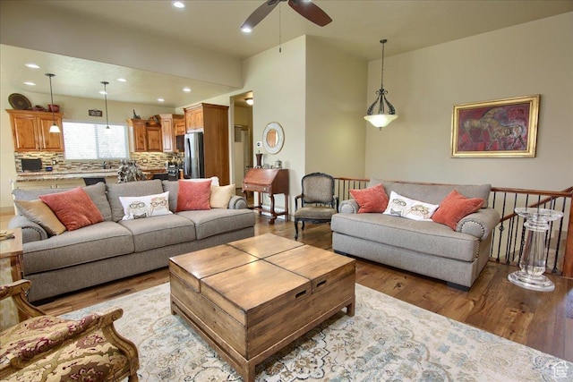 2630 E Riley Dr N, Eagle Mountain, UT 84005 - living area featuring light wood-type flooring, a ceiling fan, and recessed lighting