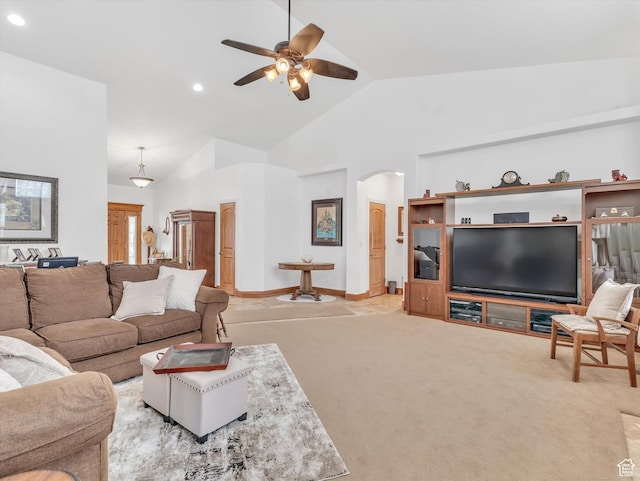1055 N 1000 E, Mapleton, UT 84664 - living area featuring light carpet, arched walkways, recessed lighting, a ceiling fan, and high vaulted ceiling
