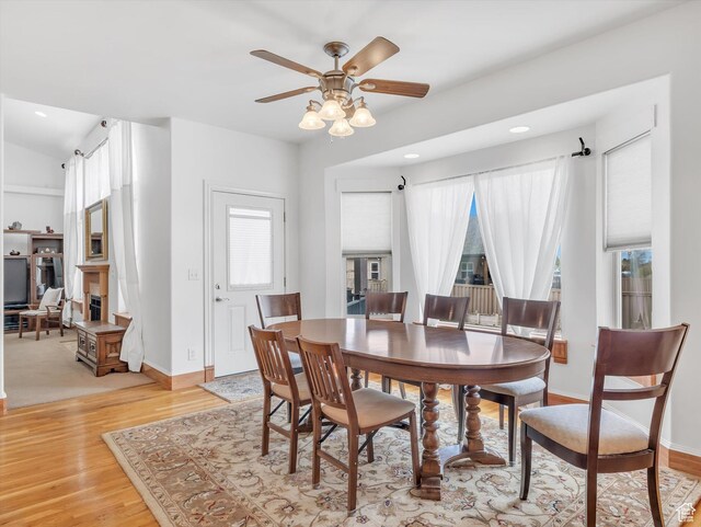 1055 N 1000 E, Mapleton, UT 84664 - dining space featuring baseboards, a ceiling fan, light wood-style floors, and recessed lighting