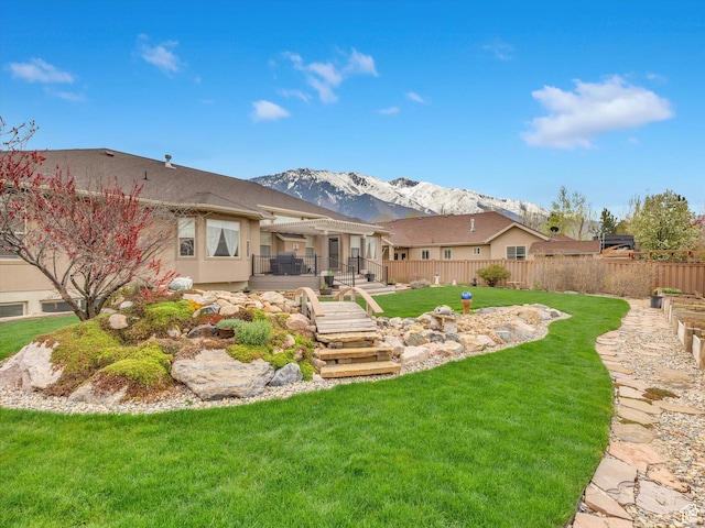 1055 N 1000 E, Mapleton, UT 84664 - rear view of house featuring stucco siding, fence, a deck with mountain view, and a lawn