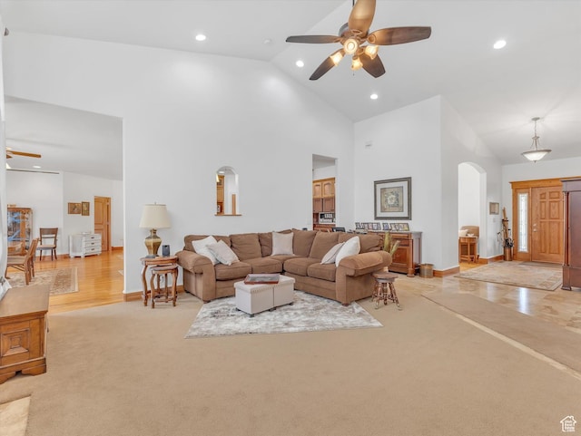 1055 N 1000 E, Mapleton, UT 84664 - living area featuring ceiling fan, arched walkways, light carpet, and recessed lighting