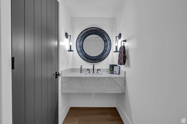565 W Autumn Blaze, Woodland Hills, UT 84653 - bathroom with wood finished floors, vanity, and baseboards