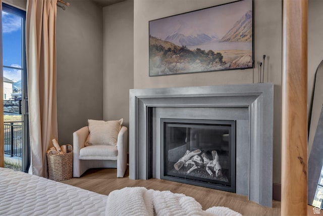 565 W Autumn Blaze, Woodland Hills, UT 84653 - bedroom featuring wood finished floors, a glass covered fireplace, access to exterior, and multiple windows
