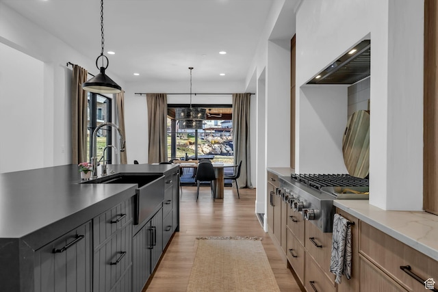 565 W Autumn Blaze, Woodland Hills, UT 84653 - kitchen with light brown cabinets, a sink, light wood-style floors, pendant lighting, and recessed lighting