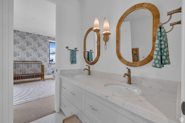 565 W Autumn Blaze, Woodland Hills, UT 84653 - bathroom with wallpapered walls, a sink, double vanity, and tile patterned floors