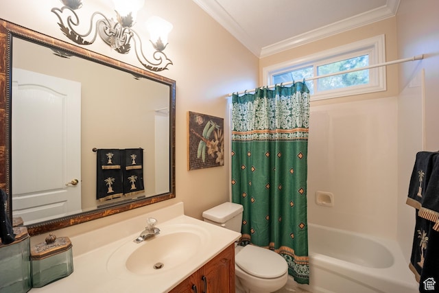 11855 S Cottage Side Way E, Draper, UT 84020 - bathroom with toilet, crown molding, vanity, and shower / tub combo with curtain