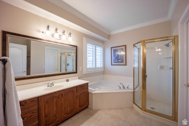 11855 S Cottage Side Way E, Draper, UT 84020 - bathroom with a bath, a stall shower, tile patterned flooring, vanity, and ornamental molding