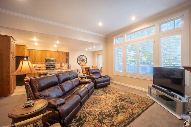 11855 S Cottage Side Way E, Draper, UT 84020 - living area featuring light colored carpet, baseboards, crown molding, and recessed lighting
