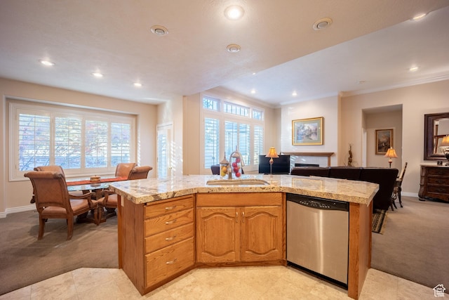 11855 S Cottage Side Way E, Draper, UT 84020 - kitchen with light colored carpet, stainless steel dishwasher, a sink, and baseboards