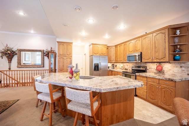 11855 S Cottage Side Way E, Draper, UT 84020 - kitchen with a kitchen breakfast bar, an island with sink, open shelves, tasteful backsplash, and appliances with stainless steel finishes