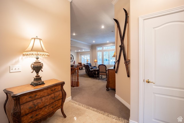 11855 S Cottage Side Way E, Draper, UT 84020 - hallway featuring light colored carpet, baseboards, crown molding, and recessed lighting