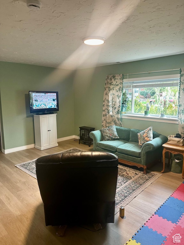 living area featuring baseboards, wood finished floors, and a textured ceiling