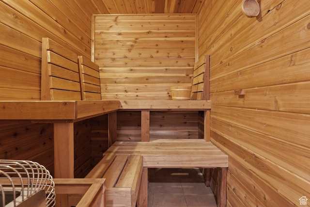 view of sauna / steam room with tile patterned floors