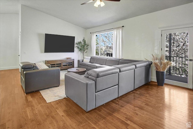 857 E Park School Rd, Draper, UT 84020 - living room featuring baseboards, vaulted ceiling, wood finished floors, and ceiling fan