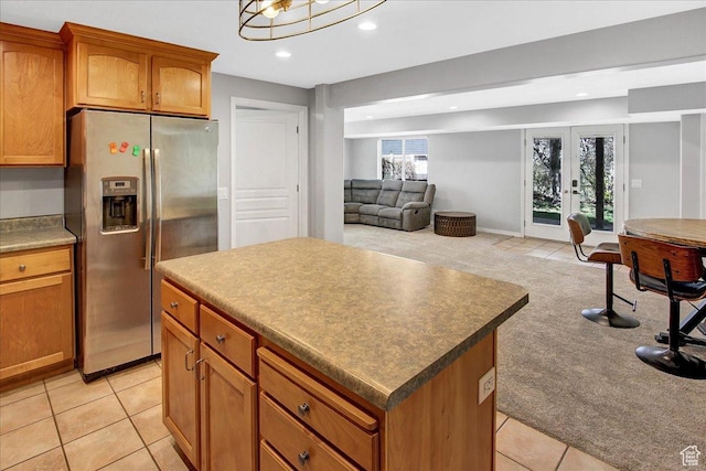 857 E Park School Rd, Draper, UT 84020 - kitchen with stainless steel fridge, light carpet, french doors, a kitchen island, and recessed lighting