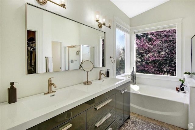 857 E Park School Rd, Draper, UT 84020 - full bathroom with a shower stall, a bath, a sink, and double vanity