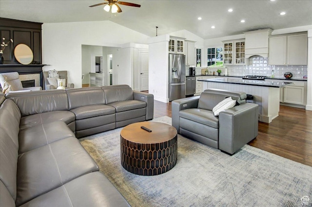 857 E Park School Rd, Draper, UT 84020 - living area with ceiling fan, lofted ceiling, dark wood-type flooring, and recessed lighting