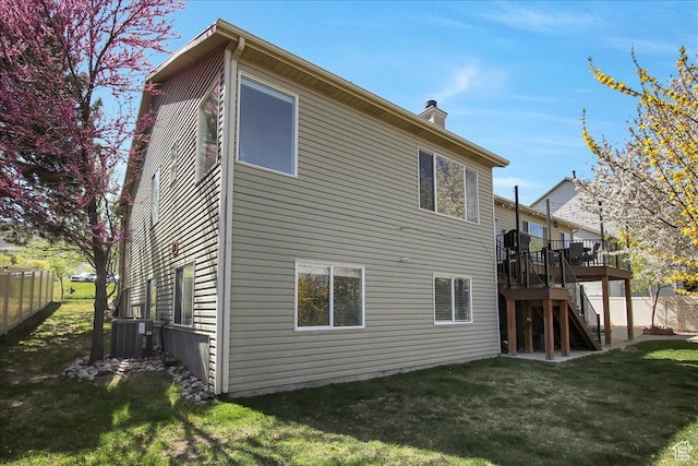 857 E Park School Rd, Draper, UT 84020 - rear view of house with cooling unit, a chimney, fence, a wooden deck, and stairs