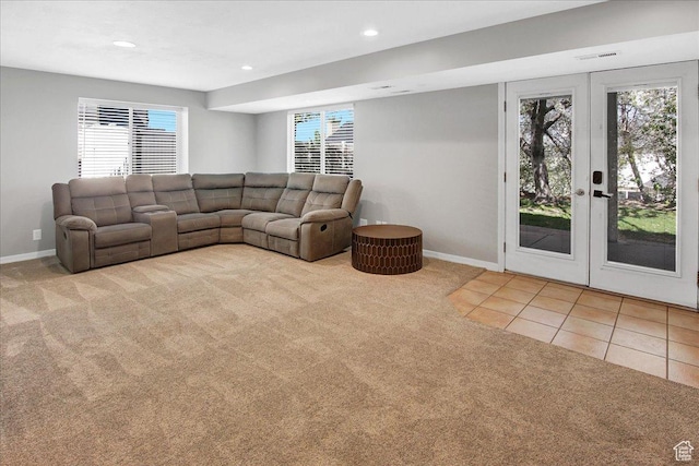857 E Park School Rd, Draper, UT 84020 - carpeted living area with recessed lighting, tile patterned flooring, baseboards, and french doors