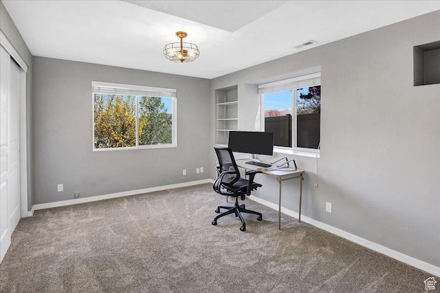 857 E Park School Rd, Draper, UT 84020 - home office featuring visible vents, carpet flooring, baseboards, and an inviting chandelier