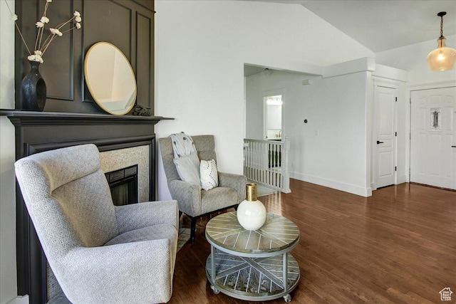 857 E Park School Rd, Draper, UT 84020 - sitting room with baseboards, vaulted ceiling, wood finished floors, and a fireplace