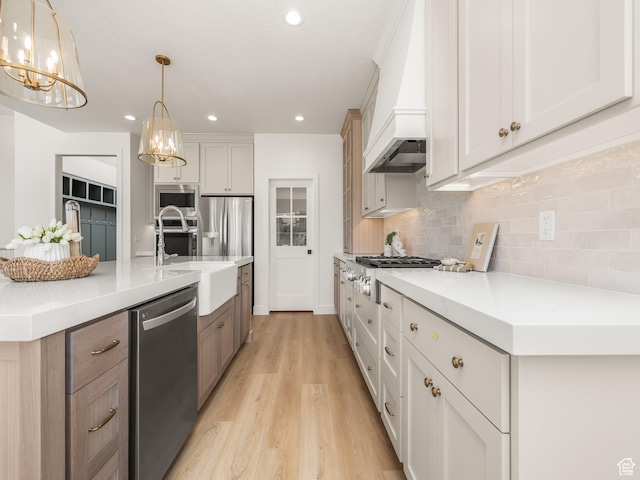 1554 S 920 E, Salem, UT 84653 - kitchen featuring custom exhaust hood, tasteful backsplash, a sink, light wood finished floors, and appliances with stainless steel finishes