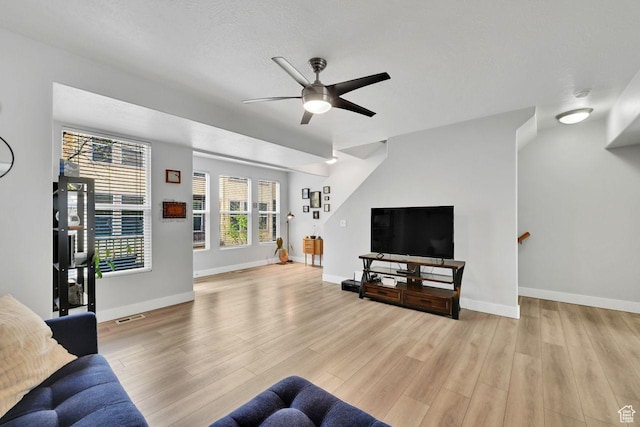 3708 S Luchars Ln W, Salt Lake City, UT 84115 - living area with light wood finished floors, baseboards, visible vents, and ceiling fan