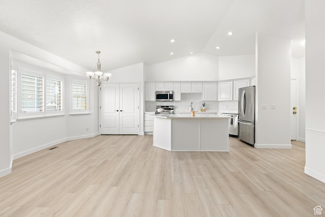 1354 S Star Cir W, Saratoga Springs, UT 84045 - kitchen featuring white cabinets, stainless steel appliances, recessed lighting, a chandelier, and light countertops