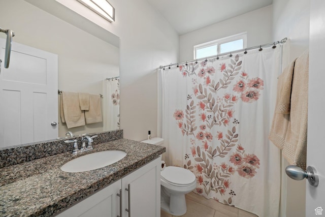 full bathroom with vanity, curtained shower, toilet, and wood finished floors
