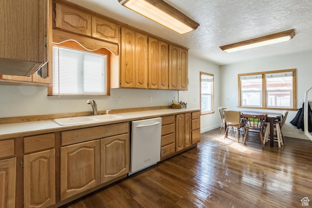 418 E 100 N, Vernal, UT 84078 - kitchen with a sink, a textured ceiling, dishwasher, light countertops, and dark wood-style flooring