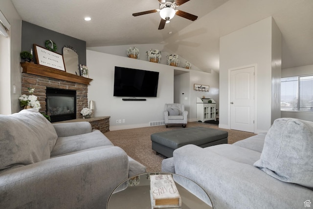 1808 E 2000 S, Naples, UT 84078 - living area featuring a ceiling fan, visible vents, carpet floors, and vaulted ceiling