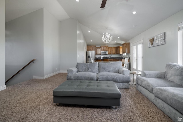 1808 E 2000 S, Naples, UT 84078 - living area with ceiling fan with notable chandelier, carpet, baseboards, lofted ceiling, and recessed lighting