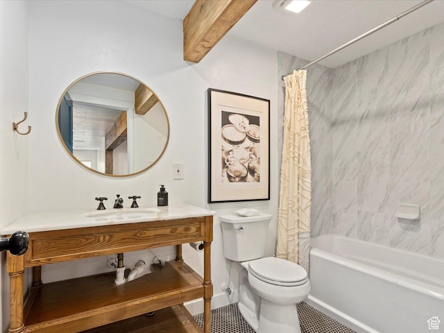 full bathroom with beam ceiling, a sink, toilet, shower / bath combo with shower curtain, and tile patterned flooring